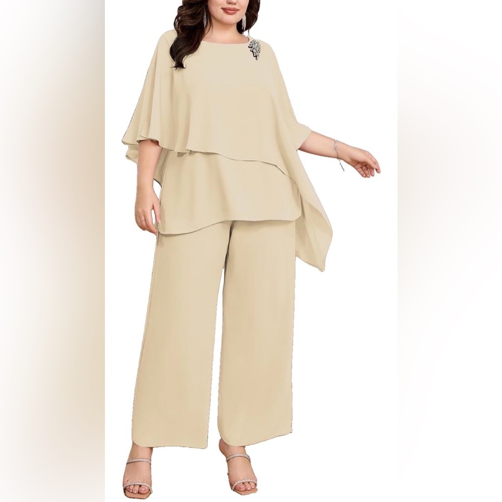 Hanna Nikole Mother of Bride Pant Suits 2 Piece Chiffon Sets Ruffle Layers